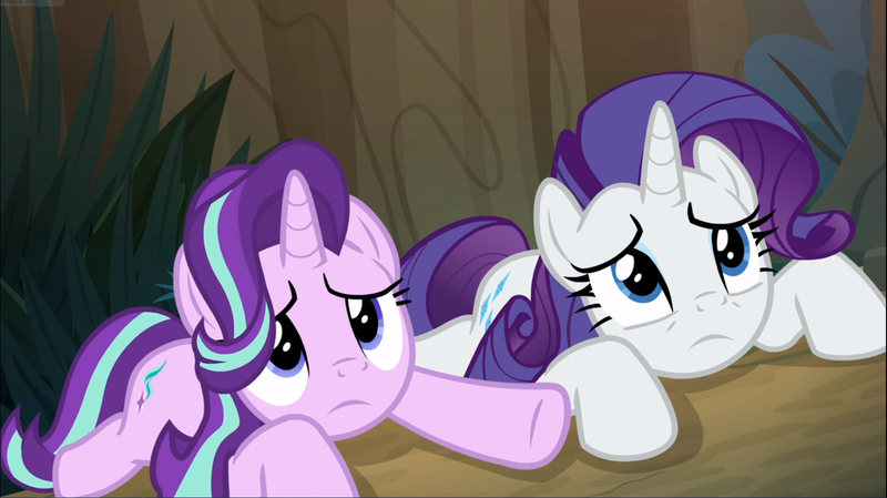 1800327 - safe, derpibooru import, screencap, rarity, starlight glimmer,  pony, unicorn, the mean 6, cropped, duo, female, lying down, mare, prone,  underhoof - Twibooru
