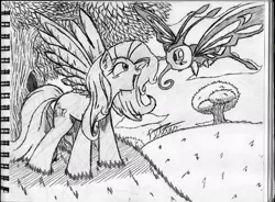 Size: 960x708 | Tagged: safe, artist:petanoprime, derpibooru import, fluttershy, beautifly, pegasus, pony, crossover, duo, female, lineart, looking at each other, mare, monochrome, notepad, open mouth, pokémon, traditional art, tree