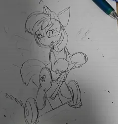 Size: 1080x1133 | Tagged: safe, artist:omegapony16, derpibooru import, apple bloom, earth pony, pony, bipedal, bow, cutie mark, female, filly, hair bow, lined paper, looking back, pencil, photo, segway, solo, the cmc's cutie marks, traditional art