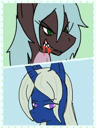 Size: 1440x1921 | Tagged: safe, artist:omegapony16, derpibooru import, oc, oc:oriponi, unofficial characters only, dracony, dragon, hybrid, pony, unicorn, blood, bust, duo, eye clipping through hair, fangs, female, grin, horn, male, mare, smiling, stallion, unicorn oc