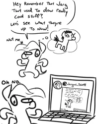 Size: 608x773 | Tagged: safe, artist:jargon scott, derpibooru import, edit, editor:reb4ham, oc, pony, comic, computer, dialogue, monochrome, oh no, recursion, role reversal, sketch, subverted meme, thought bubble