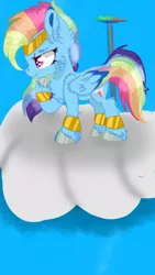 Size: 576x1024 | Tagged: safe, artist:crystal flame, derpibooru import, rainbow dash, pegasus, pony, leak, spoiler:g5, accessories, bracer, cloud, colored wings, fluffy, g5, hooves, jewelry, multicolored wings, on a cloud, rainbow, rainbow dash (g5), rainbow wings, redesign, sky, solo, standing on cloud, tiara, wings