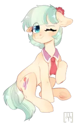 Size: 1829x3000 | Tagged: safe, artist:rizzych, derpibooru import, coco pommel, earth pony, pony, eye clipping through hair, female, floppy ears, high res, mare, one eye closed, raised leg, simple background, sitting, solo, transparent background, wavy mouth