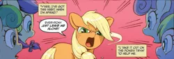 Size: 927x318 | Tagged: safe, artist:caseycoller, derpibooru import, idw, apple bumpkin, applejack, gala appleby, lavender fritter, red gala, earth pony, pony, spoiler:comic, spoiler:comic85, angry, apple family member, female, filly, filly applejack, foal, official comic, open mouth, red background, simple background, speech bubble, younger