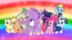 Size: 5360x3008 | Tagged: safe, artist:andoanimalia, derpibooru import, applejack, fluttershy, pinkie pie, princess twilight 2.0, rainbow dash, rarity, spike, twilight sparkle, twilight sparkle (alicorn), alicorn, dragon, earth pony, pegasus, pony, unicorn, the last problem, absurd resolution, buff spike, gigachad spike, jewelry, looking at you, mane seven, mane six, older, older applejack, older fluttershy, older mane seven, older mane six, older pinkie pie, older rainbow dash, older rarity, older spike, older twilight, rainbow background, regalia, winged spike