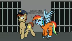 Size: 3840x2160 | Tagged: safe, artist:mkogwheel, derpibooru import, rainbow dash, unnamed character, unnamed pony, pony, bound wings, clothes, commission, cuffs, jail, leash, police officer, prison, prison outfit, prisoner rd, rope, walking, wing cuffs, wings