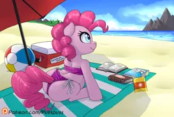 Size: 1000x670 | Tagged: suggestive, artist:pusspuss, derpibooru import, part of a set, pinkie pie, earth pony, pony, balloonbutt, beach, beach ball, beach towel, beach umbrella, bikini, book, butt, clothes, cooler, exclamation point, female, mare, plot, preggy pie, pregnant, shore, sitting, smiling, solo, suntan lotion, swimsuit, tree