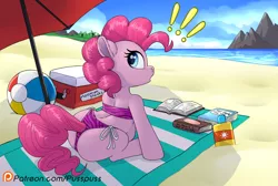 Size: 1000x670 | Tagged: suggestive, artist:pusspuss, derpibooru import, part of a set, pinkie pie, earth pony, pony, balloonbutt, beach, beach ball, beach towel, beach umbrella, bikini, book, butt, clothes, cooler, exclamation point, female, looking back, mare, open mouth, plot, preggy pie, pregnant, shore, sitting, solo, suntan lotion, swimsuit, tree