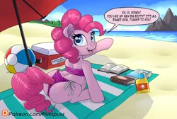 Size: 1000x670 | Tagged: suggestive, artist:pusspuss, derpibooru import, part of a set, pinkie pie, earth pony, pony, balloonbutt, beach, beach ball, beach towel, beach umbrella, bikini, book, butt, clothes, cooler, dialogue, exclamation point, female, looking back, mare, open mouth, plot, preggy pie, pregnant, shore, sitting, solo, speech bubble, suntan lotion, swimsuit, tree