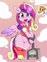 Size: 4708x6170 | Tagged: safe, artist:pabbley, derpibooru import, princess cadance, alicorn, pony, absurd resolution, belly button, box, cadance's pizza delivery, clothes, cute, cutedance, delivery, ear fluff, female, flying, food, happy, looking at you, mare, meat, open mouth, peetzer, pepperoni, pepperoni pizza, pizza, pizza delivery, question mark, shirt, socks, solo, spread wings, that pony sure does love pizza, weapons-grade cute, wings