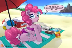 Size: 1000x670 | Tagged: suggestive, artist:pusspuss, derpibooru import, part of a set, pinkie pie, earth pony, pony, balloonbutt, beach, beach ball, beach towel, beach umbrella, bikini, book, butt, clothes, cooler, dialogue, exclamation point, female, frog (hoof), looking back, mare, open mouth, plot, preggy pie, pregnant, shore, sitting, solo, speech bubble, suntan lotion, swimsuit, tree, underhoof