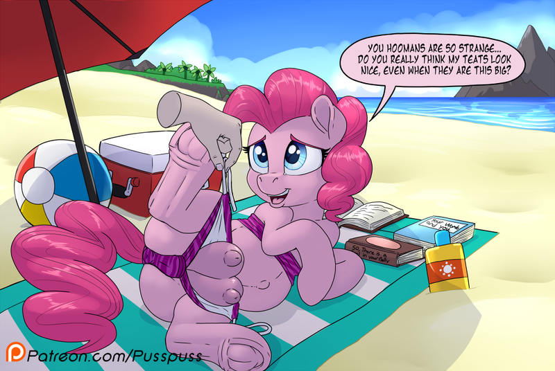 Size: 1000x670 | Tagged: questionable, artist:pusspuss, derpibooru import, part of a set, pinkie pie, earth pony, human, pony, anatomically correct, anus, anus cameltoe, assisted exposure, balloonbutt, beach, beach ball, beach towel, beach umbrella, belly, belly button, bikini, book, bra, butt, cameltoe, clothes, cooler, crotchboobs, crotchbra, dialogue, disembodied hand, female, frog (hoof), hand, human male, human male on mare, human on pony action, interspecies, looking back, male, mare, nipples, nudity, open mouth, plot, ponut, preggy pie, pregnant, shore, sitting, speech bubble, spread legs, spreading, straight, suntan lotion, swimsuit, teats, tree, underhoof, underwear, vulva