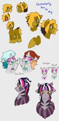 Size: 1280x2599 | Tagged: safe, artist:jolliapplegirl, derpibooru import, oc, oc:harlequin, oc:pierrot, oc:rem, oc:serendipity doo, changedling, changeling, draconequus, hybrid, pony, unicorn, albino changeling, changeling oc, compact horn, concept design, doodles, draconequus oc, goat eyes, high five, interspecies offspring, next next generation, offspring, open mouth, parent:oc:anansi, parent:oc:chocolate cheesecake, parent:oc:sirius veil, parent:oc:sweet deal, parent:oc:toxic love, parent:unnamed oc, parents:oc x oc, smiling