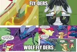 Size: 736x499 | Tagged: safe, artist:caseycoller, derpibooru import, edit, edited screencap, idw, screencap, apple bloom, applejack, withers, fly, fly-der, hybrid, insect, spider, wolf, wolf fly-der, campfire tales, daring doubt, spoiler:comic, spoiler:comic85, caption, carrot, carrot dog, comic, food, henchmen, image macro, nope, text