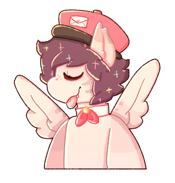 Size: 1190x1248 | Tagged: safe, artist:rigbythememe, derpibooru import, oc, oc:dandyletters (rigbythememe), unofficial characters only, pegasus, pony, bust, eyes closed, hat, male, simple background, solo, stallion, tongue out, transparent background