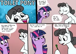 Size: 4200x3000 | Tagged: suggestive, artist:pony quarantine, derpibooru import, twilight sparkle, oc, oc:kohlette, pony, toilet pony, unicorn, but why, comic, dialogue, eyes closed, female, implied scat, mare, need to poop, open mouth, panels, simple background, skeptical, speech bubble, squint, toilet, toothbrush