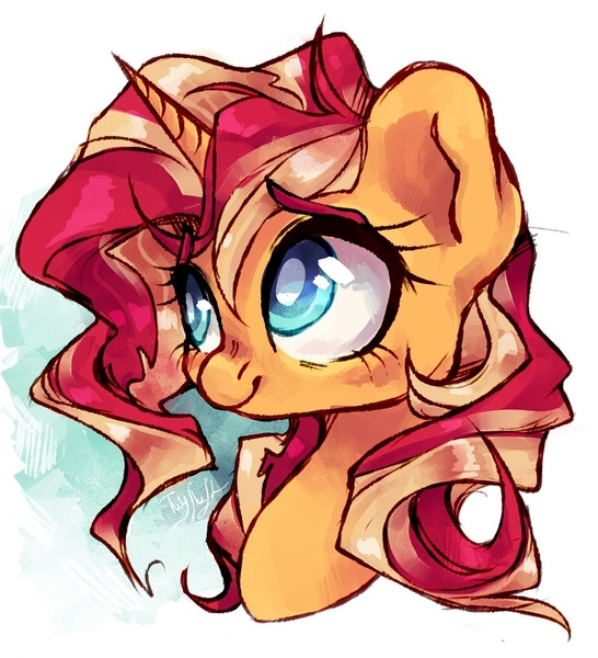 Size: 983x1080 | Tagged: safe, artist:frgtmenot_mind, derpibooru import, sunset shimmer, pony, unicorn, bust, colored pupils, cute, female, mare, partial background, portrait, shimmerbetes, smiling, solo