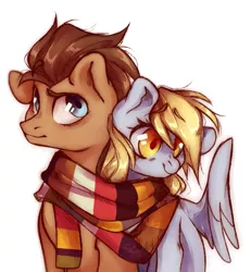 Size: 999x1080 | Tagged: safe, artist:frgtmenot_mind, derpibooru import, derpy hooves, doctor whooves, time turner, earth pony, pegasus, pony, clothes, cute, doctorderpy, female, male, mare, scarf, shared clothing, shared scarf, shipping, simple background, smiling, stallion, straight, white background