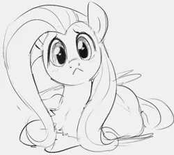 Size: 820x736 | Tagged: safe, artist:dotkwa, derpibooru import, fluttershy, pegasus, pony, :<, behaving like a cat, chest fluff, cute, female, fluttercat, looking at you, mare, monochrome, shyabetes, simple background, solo, white background