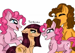 Size: 1754x1240 | Tagged: safe, artist:artisticcupcakezz, derpibooru import, cheese sandwich, pinkie pie, oc, oc:peanut butter pie, oc:strawberry dream cake, earth pony, cheesepie, family, female, filly, male, offspring, parent:cheese sandwich, parent:pinkie pie, parents:cheesepie, shipping, simple background, straight, vulgar, white background