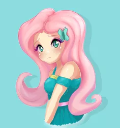 Size: 3776x4000 | Tagged: safe, artist:nin10ja, derpibooru import, fluttershy, human, equestria girls, equestria girls series, blue background, blushing, clothes, colored pupils, cute, dress, female, high res, human coloration, humanized, shyabetes, simple background, solo