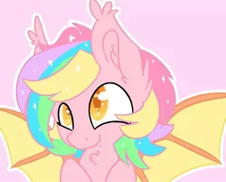 Size: 1865x1500 | Tagged: safe, artist:northwindsmlp, derpibooru import, oc, oc:paper stars, unofficial characters only, bat pony, pony, bat pony oc, bat wings, bust, chest fluff, colored pupils, ear fluff, ethereal mane, fangs, female, mare, multicolored hair, pink background, rainbow hair, simple background, solo, starry mane, wings