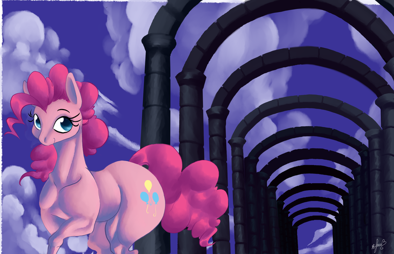 Size: 3543x2290 | Tagged: safe, artist:pantheracantus, derpibooru import, pinkie pie, earth pony, pony, arch, cloud, colored, digital art, smiling