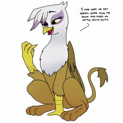 Size: 1500x1500 | Tagged: suggestive, artist:pony quarantine, derpibooru import, gilda, gryphon, dialogue, female, implied sex, leg fluff, lidded eyes, looking down, open mouth, simple background, sitting, smiling, solo, solo female, speech bubble, teasing, tempting fate, text, vulgar, white background