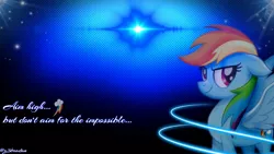 Size: 1920x1080 | Tagged: artist:z3bradan, blue background, cutie mark, dark, derpibooru import, female, inspiration, lens flare, my little pony: the movie, neon, pegasus, quote, rainbow dash, safe, simple background, smiling, solo, stars, wallpaper