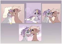 Size: 1280x912 | Tagged: safe, artist:arina-gremyako, derpibooru import, oc, unofficial characters only, earth pony, pony, unicorn, abstract background, comic, curved horn, floppy ears, horn, kissing, towel