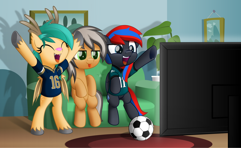 Size: 800x492 | Tagged: safe, artist:jhayarr23, derpibooru import, oc, oc:deliriam, oc:smooth walker, oc:turquoise droplet, unofficial characters only, pony, :p, ball, bipedal, cheering, clothes, couch, football, shirt, sitting, sports, television, tongue out, unshorn fetlocks