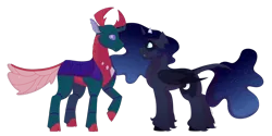 Size: 1280x640 | Tagged: alternate design, artist:itstechtock, changedling, changeling, derpibooru import, exoskeleton, female, lunarynx, male, pharynx, prince pharynx, princess luna, safe, shipping, simple background, straight, transparent background