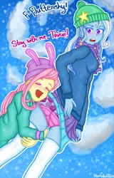 Size: 1276x2000 | Tagged: safe, artist:starwantrix, derpibooru import, fluttershy, trixie, equestria girls, beanie, blushing, bunny ears, cheek squish, clothes, embarrassed, embarrassed underwear exposure, female, flower pattern underwear, hat, hugging leg, humiliation, lesbian, panties, pink underwear, public humiliation, shipping, skirt, skirt lift, skirt pull, socks, squishy cheeks, thigh highs, trixieshy, underwear, upskirt