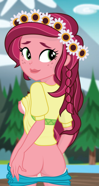 Size: 3200x6000 | Tagged: questionable, artist:rosemile mulberry, derpibooru import, edit, vector edit, gloriosa daisy, equestria girls, legend of everfree, ass, beautiful, breasts, busty gloriosa daisy, butt, camp everfree, clothes, exhibitionism, female, floral head wreath, flower, freckles, glori-ass, lifted shirt, looking at you, looking back, looking back at you, mooning, nipples, nudity, open clothes, outdoors, pants, pants down, rear view, sexy, shirt, shirt lift, shorts, smiling, solo, stupid sexy gloriosa daisy, t-shirt, vector