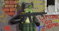 Size: 4096x2160 | Tagged: safe, artist:froststarlight, derpibooru import, oc, oc:arcane tesla, anthro, unicorn, adidas, ak-74, anthro oc, armor, assault rifle, badass, brick wall, broken window, bullet hole, clothes, crossover, crossover(escape from tarkov), cyrillic, escape from tarkov, gloves, graffiti, gun, helmet, horn, magpul, male, red dot, rifle, russia, russian, solo, stallion, tracksuit, unicorn oc, weapon, window