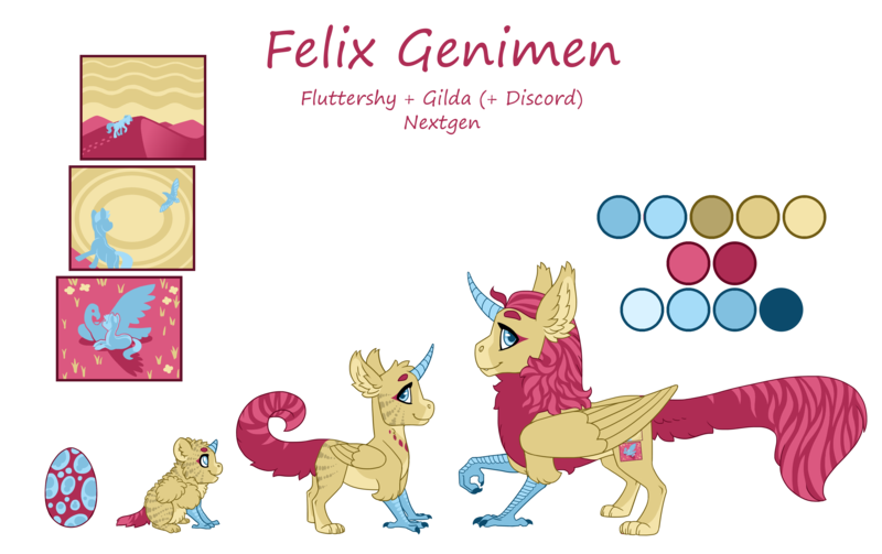 Size: 3500x2200 | Tagged: artist:jackiebloom, colored horn, derpibooru import, hippogriff, horn, hybrid, interspecies offspring, magical lesbian spawn, male, oc, oc:felix genimen, offspring, parent:fluttershy, parent:gilda, parents:gildashy, reference sheet, safe, simple background, solo, transparent background, unicorn horn