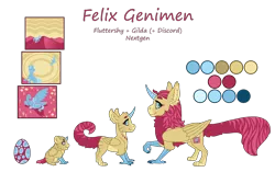 Size: 3500x2200 | Tagged: artist:jackiebloom, colored horn, derpibooru import, hippogriff, horn, hybrid, interspecies offspring, magical lesbian spawn, male, oc, oc:felix genimen, offspring, parent:fluttershy, parent:gilda, parents:gildashy, reference sheet, safe, simple background, solo, transparent background, unicorn horn