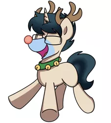 Size: 750x825 | Tagged: safe, artist:sugar morning, derpibooru import, oc, oc:invictus europa, unofficial characters only, pony, unicorn, antlers, bell, bell collar, bells, collar, eyes closed, female, glasses, mare, rudolph nose, solo