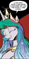 Size: 267x549 | Tagged: safe, artist:andypriceart, derpibooru import, idw, princess celestia, alicorn, pony, reflections, spoiler:comic, comic, cute, cutelestia, dialogue, eyes closed, female, lip bite, mare, solo, speech bubble