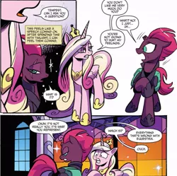 Size: 997x992 | Tagged: safe, artist:andypriceart, derpibooru import, idw, fizzlepop berrytwist, princess cadance, tempest shadow, alicorn, pony, unicorn, spoiler:comic, spoiler:comic67, broken horn, comic, cropped, duo, eye scar, female, horn, hypocrisy, mare, official comic, savage, scar, speech bubble