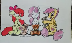 Size: 3641x2205 | Tagged: safe, artist:boyoxhot, derpibooru import, apple bloom, scootaloo, sweetie belle, earth pony, pegasus, pony, unicorn, builder bear, cutie mark crusaders, doll, female, mare, scp, scp foundation, scp-1047 b, scp-1048, scp-1048 c, this will end in tears, toy, traditional art