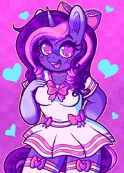 Size: 800x1117 | Tagged: safe, artist:dolcisprinkles, derpibooru import, oc, oc:sweet bouquet, unofficial characters only, anthro, unicorn, anthro oc, blaze (coat marking), bow, breasts, clothes, cute, dress, ear fluff, female, hair bow, heart, heart eyes, looking at you, mare, ocbetes, ribbon, socks, solo, tattoo, thigh highs, wingding eyes