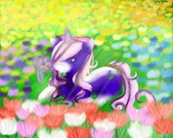 Size: 3000x2400 | Tagged: safe, artist:scarletsfeed, derpibooru import, oc, oc:sweet bouquet, unofficial characters only, pony, unicorn, blaze (coat marking), flower, garden, levitation, magic, meadow, ribbon, sitting, solo, telekinesis