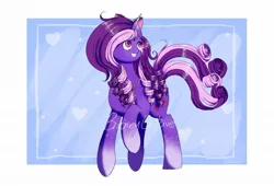 Size: 1024x697 | Tagged: safe, artist:broqentoys, derpibooru import, oc, oc:sweet bouquet, unofficial characters only, pony, unicorn, blaze (coat marking), cute, heart, looking up, obtrusive watermark, ocbetes, raised hoof, ribbon, smiling, solo, watermark
