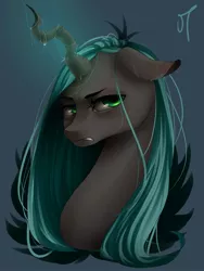 Size: 1536x2048 | Tagged: artist:vardastouch, bust, changeling, changeling queen, derpibooru import, female, queen chrysalis, sad, safe, simple background, solo