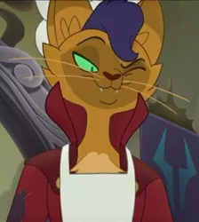 Size: 535x598 | Tagged: abyssinian, ally, anthro, apron, banner, capper dapperpaws, cat, clothes, coat, cropped, cunning, derpibooru import, fangs, handsome, looking at someone, looking down, my little pony: the movie, one eye closed, safe, screencap, slit eyes, smiling, smirk, solo, storm king's emblem, whiskers, wink