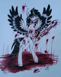 Size: 796x1003 | Tagged: artist:whitenoiseghost, blood, chainsaw, derpibooru import, grimdark, oc, oc:horror vacui, pegasus, ponysona, solo