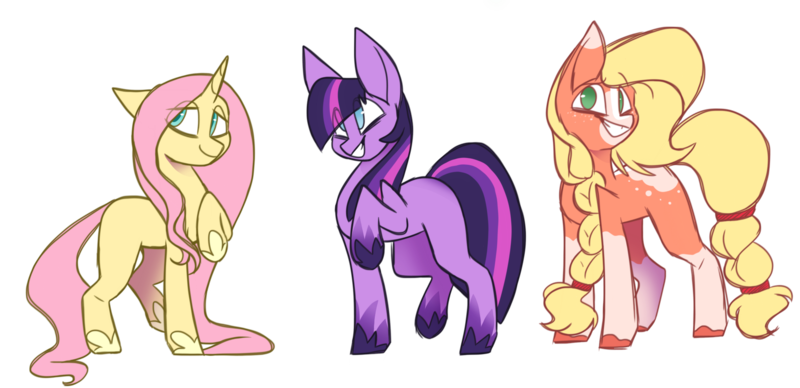 Size: 2000x970 | Tagged: safe, artist:milkeal, derpibooru import, applejack, fluttershy, twilight sparkle, earth pony, pony, unicorn, leak, spoiler:g5, applejack (g5), earth pony twilight, female, fluttershy (g5), g5, hooves, raised hoof, redesign, simple background, transparent background, trio, twilight sparkle (g5), unicorn fluttershy