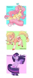 Size: 1191x2778 | Tagged: safe, artist:theshadowram, derpibooru import, applejack, fluttershy, twilight sparkle, earth pony, pony, unicorn, leak, spoiler:g5, applejack (g5), braid, braided tail, earth pony twilight, female, flower, flower in hair, fluttershy (g5), g5, hooves, raised hoof, redesign, simple background, trio, twilight sparkle (g5), unicorn fluttershy