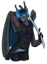 Size: 1174x1603 | Tagged: safe, artist:blackblood-queen, derpibooru import, oc, unofficial characters only, anthro, bat pony, unguligrade anthro, anthro oc, bat pony oc, bat wings, commission, digital art, fangs, katana, male, simple background, smiling, solo, stallion, sword, transparent background, weapon, wings